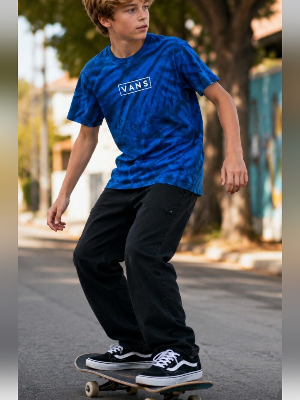Vans Boys Classic Fit Blue Tie Dye Short Sleeve T-Shirt with Logo Size Med